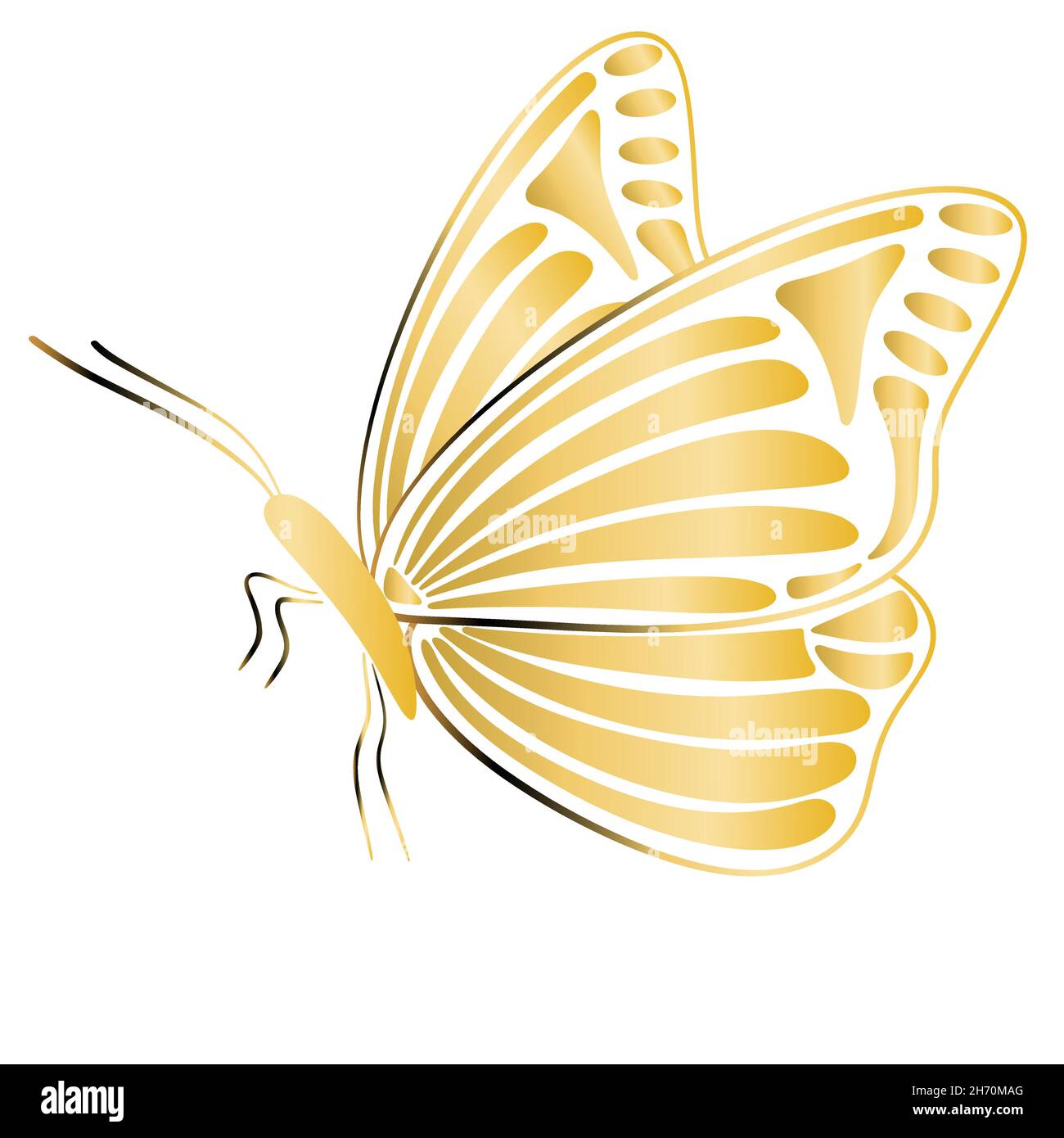 Farfalla d'oro nell'illustrazione isolata del profilo. Bellissimo insetto con ali dorate, vettore. Graziosa farfalla retrò, decorazione. Illustrazione Vettoriale