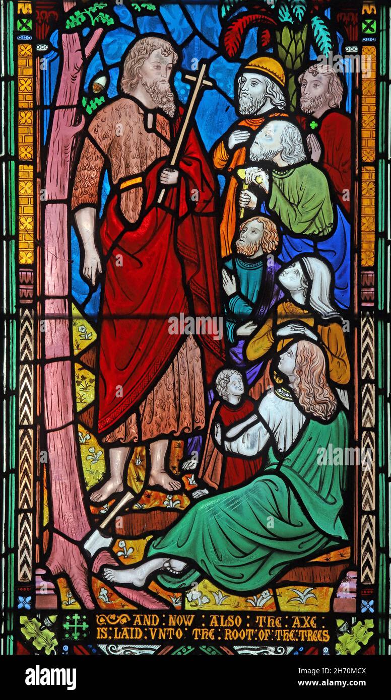 Una vetrata di Frederick Preedy raffigurante la predicazione di Giovanni Battista, la Chiesa di San Lorenzo, Weston-Sub-Edge, Gloucestershire Foto Stock