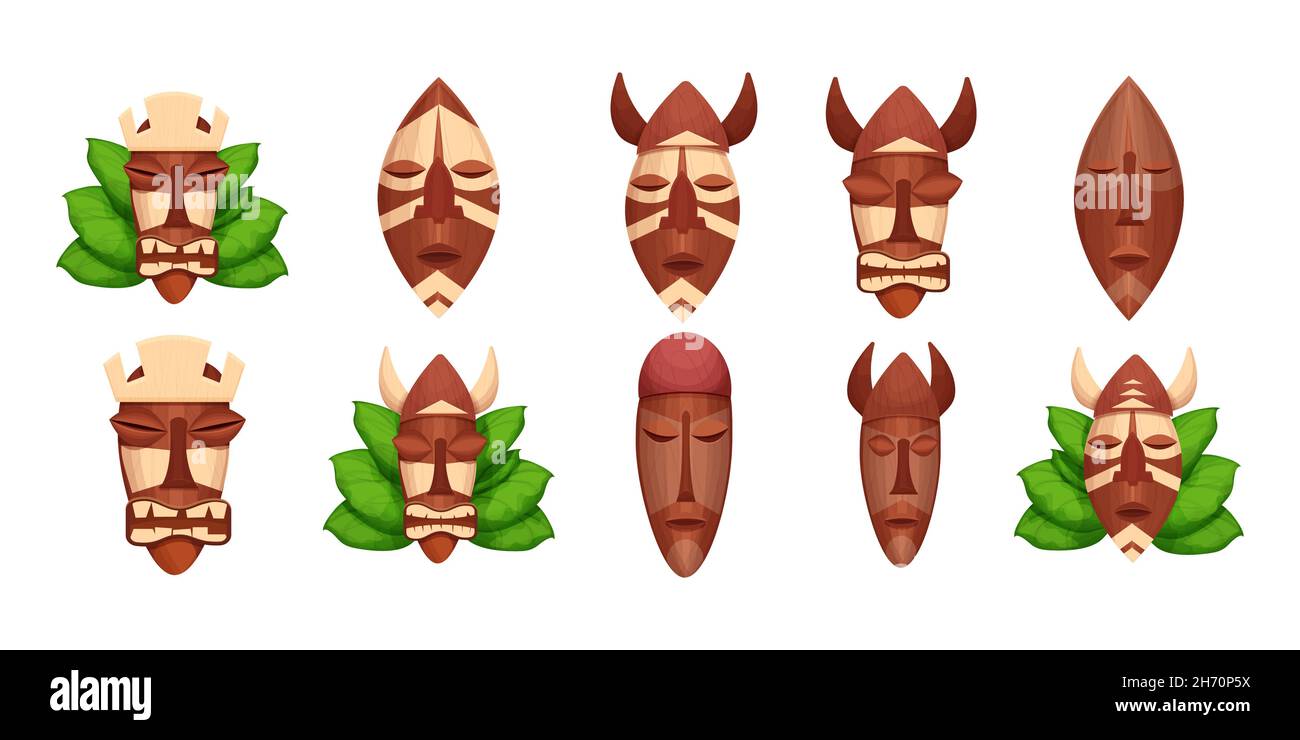 Set African tribal maschera in legno, totem faccia, avatar aborigeno in stile cartone animato isolato su sfondo bianco. Oggetti dettagliati. Illustrazione vettoriale Illustrazione Vettoriale