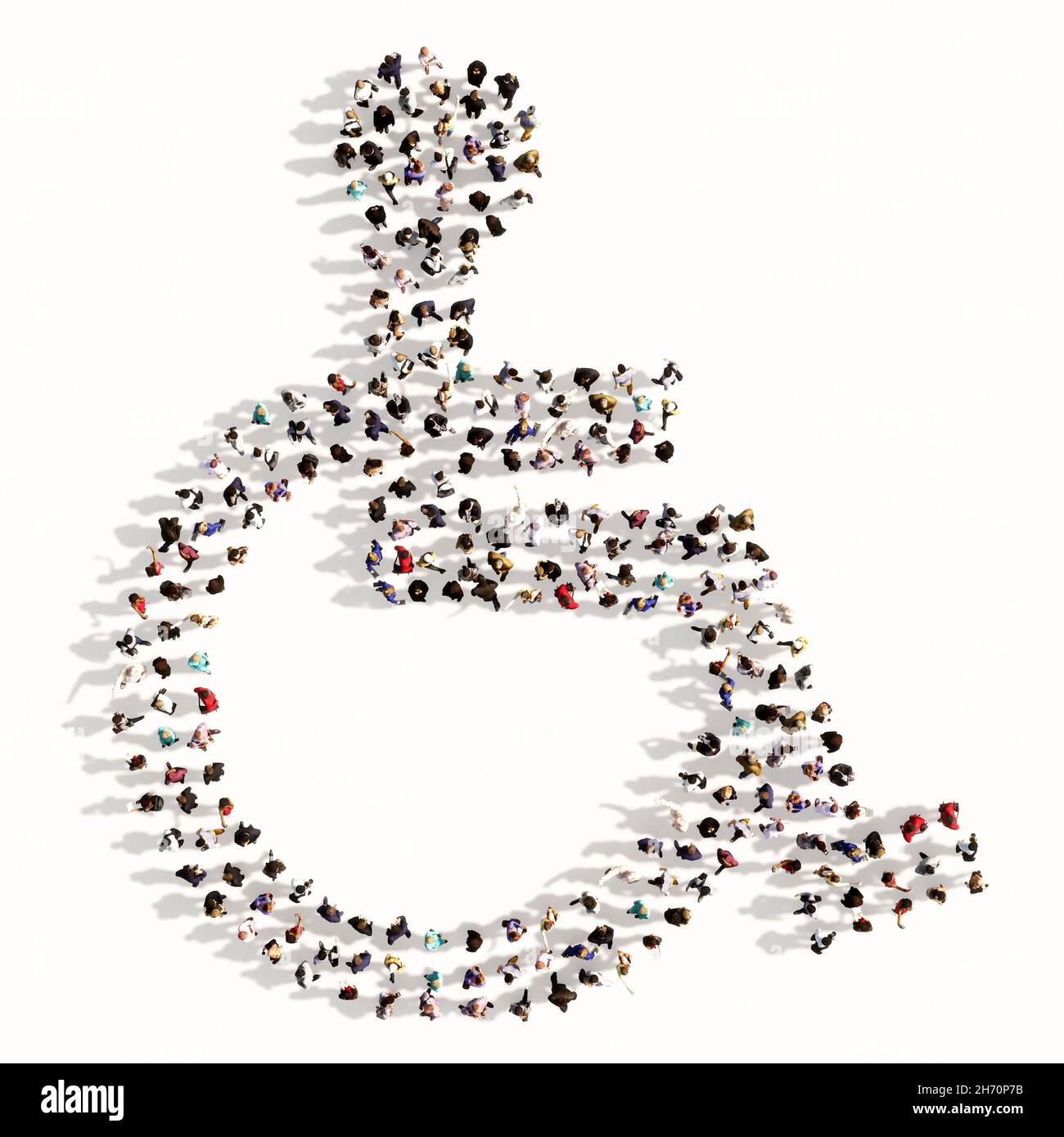 Concetto concettuale grande comunità di persone che formano il segno della sedia a rotelle. metafora di illustrazione 3d per riabilitazione, assistenza, accessibilità Foto Stock