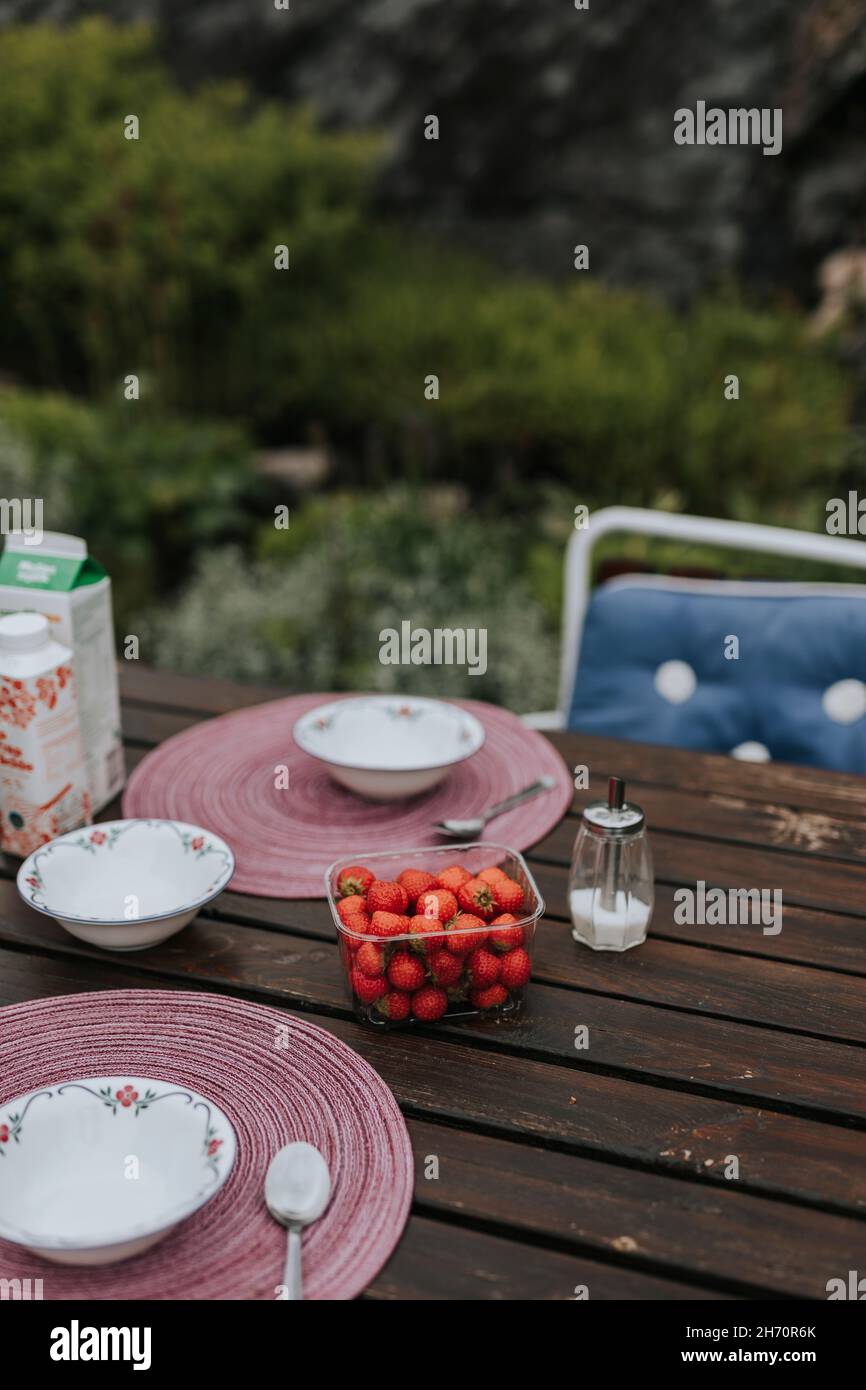 Piatti e fragole sul tavolo da giardino Foto Stock