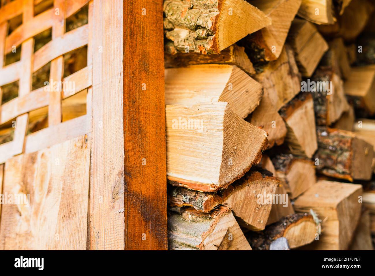 L'albero di tronchi è pieno di legno tritato per riscaldare una casa privata in inverno Foto Stock
