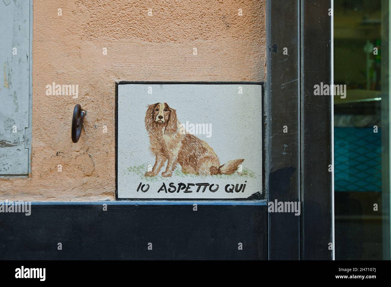 Primo piano di un cartello dipinto con un cane e l'iscrizione "i wait here" sulla parete esterna di un negozio di alimentari, Alassio, Savona, Liguria, Italia Foto Stock