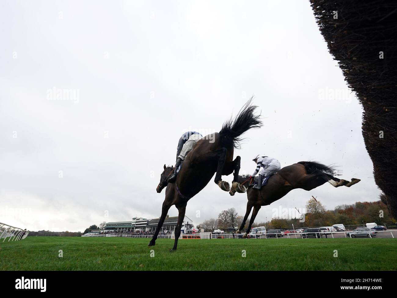 Tom Bellamy guida Jerminnie Green (a destra) sulla strada per vincere la caccia handicap Viasat Mares' all'ippodromo di Chepstow. Data foto: Venerdì 19 novembre 2021. Foto Stock