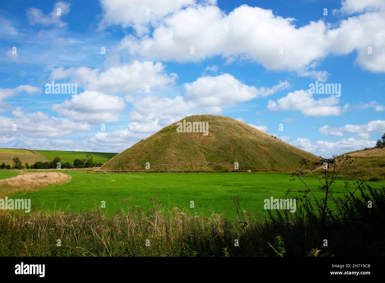 Silbury Hill vicino Avebury Prehistoric Neolitico tumulo artificiale in estate blu cielo bianco nuvole verde erba in primo piano Foto Stock