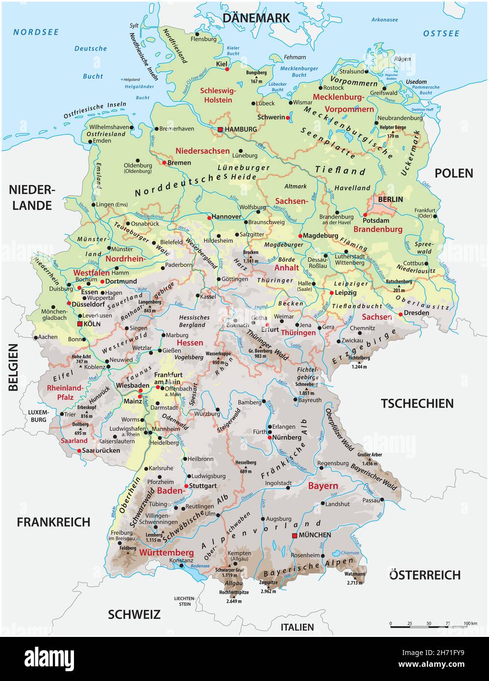 Mappa fisica e amministrativa molto dettagliata della Germania con etichettatura tedesca Illustrazione Vettoriale