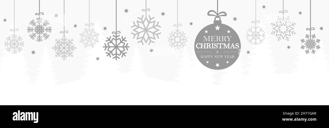 Appendere i fiocchi di neve astratti colorati di grigio per i concetti di natale e di inverno, sfondo di abete e saluti per Natale e Capodanno Illustrazione Vettoriale