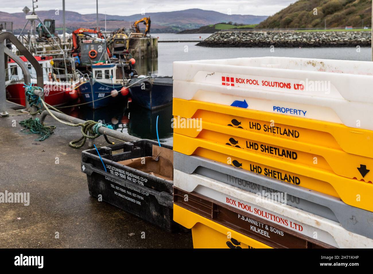 Bantry, West Cork, Irlanda. 19 Nov 2021. Scatole di pesce vuote da tutta l'Irlanda e la Scozia si siedono al molo di Bantry Harbour in una giornata tranquilla per le barche da pesca. Credit: AG News/Alamy Live News Foto Stock