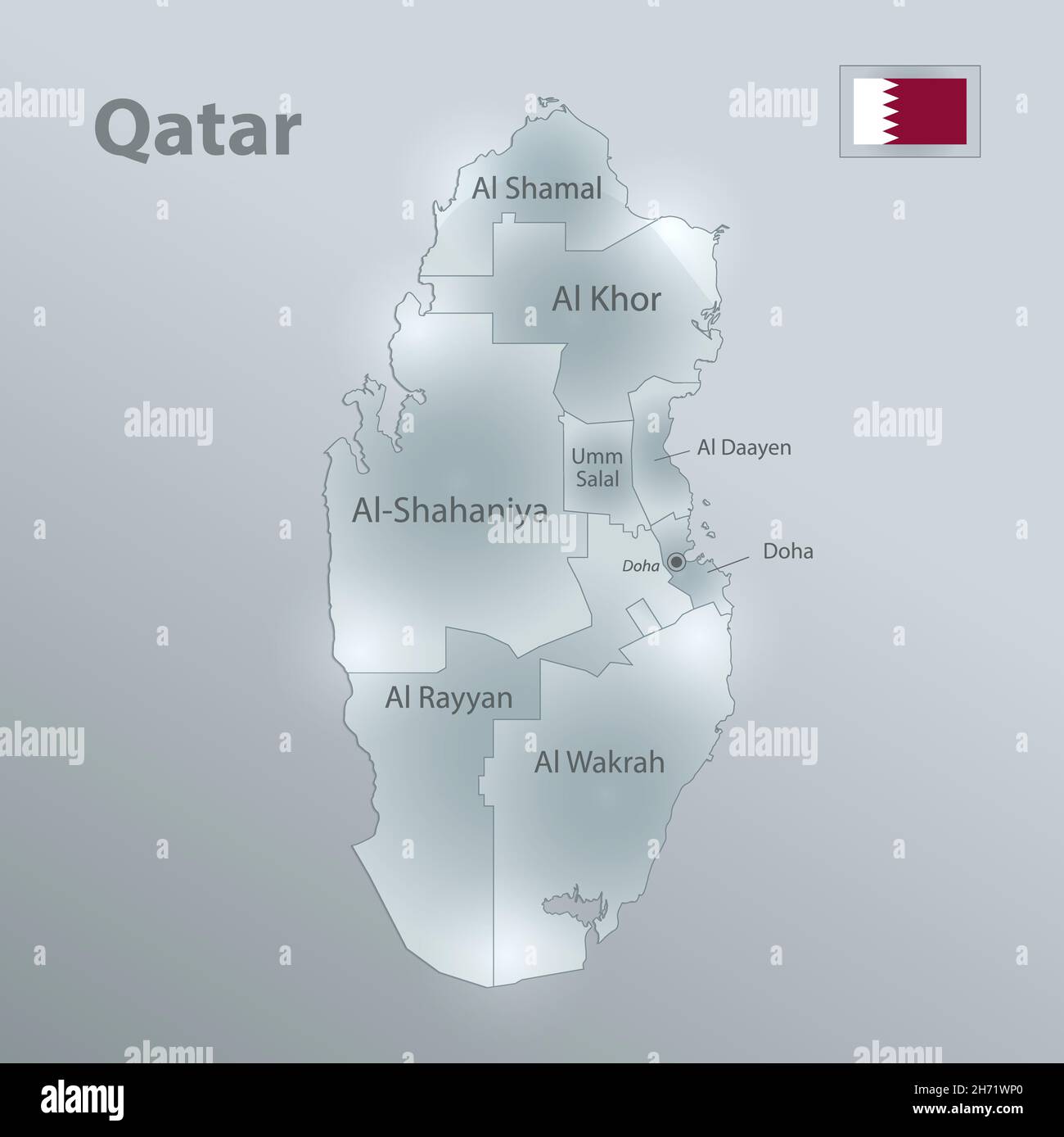 Mappa e bandiera del Qatar, divisione amministrativa, separa regioni e nomi, design vetro scheda vettore 3D Illustrazione Vettoriale