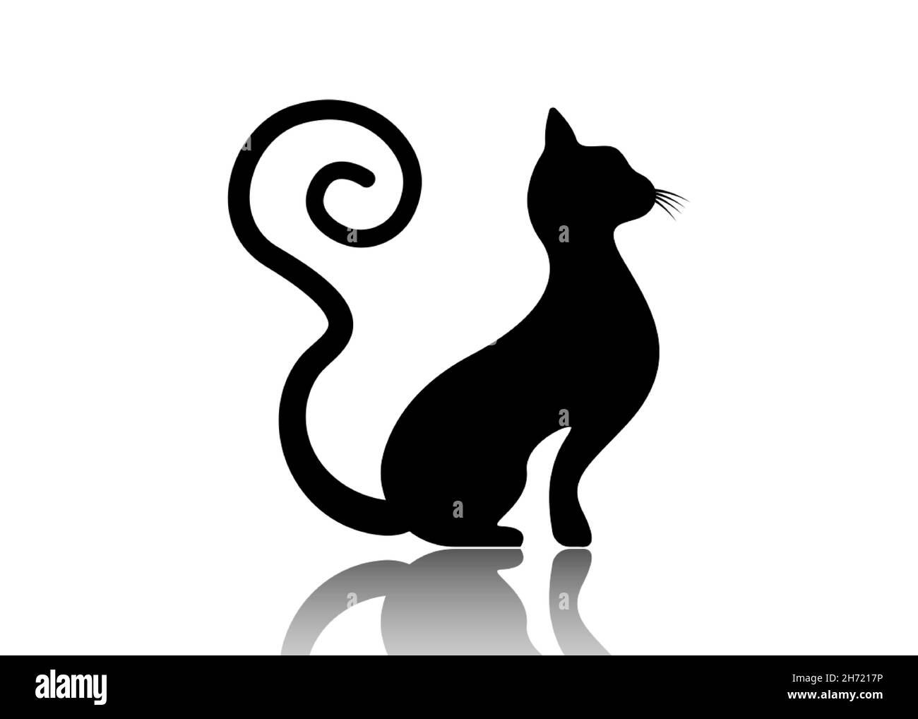 Silhouette gatto nera con coda ricurva, modello con logo felino, illustrazione vettoriale isolata su sfondo bianco Illustrazione Vettoriale