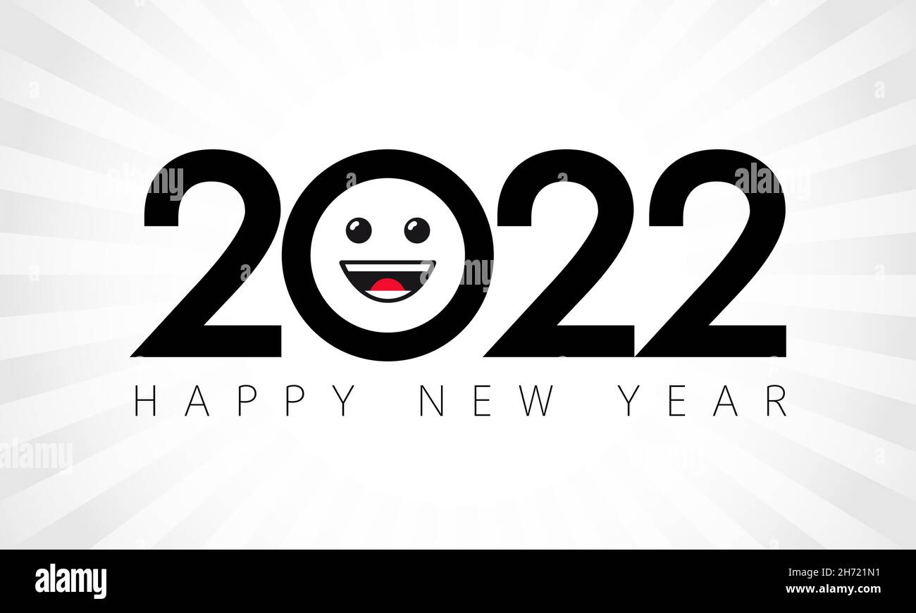 Icona emoji dell'anno del sorriso felice 2022. Sfondo di Capodanno con numeri e un cartello sorridente. Illustrazione vettoriale per banner, copertina, scheda, branding Illustrazione Vettoriale
