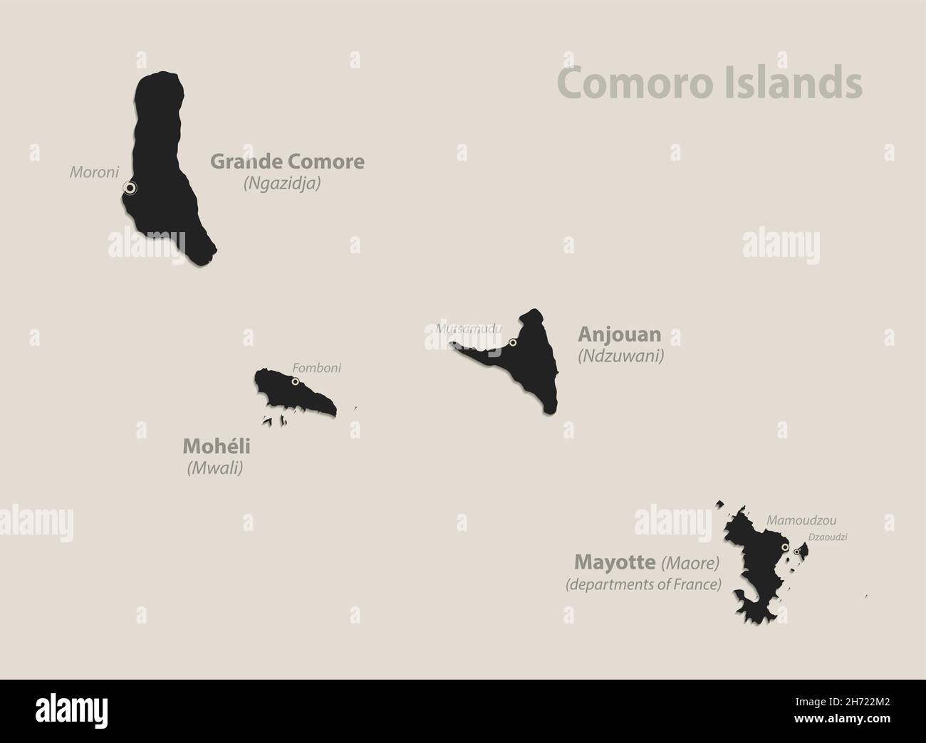 Mappa nera delle Isole Comoro con nomi, disegno vettore lavagna Illustrazione Vettoriale