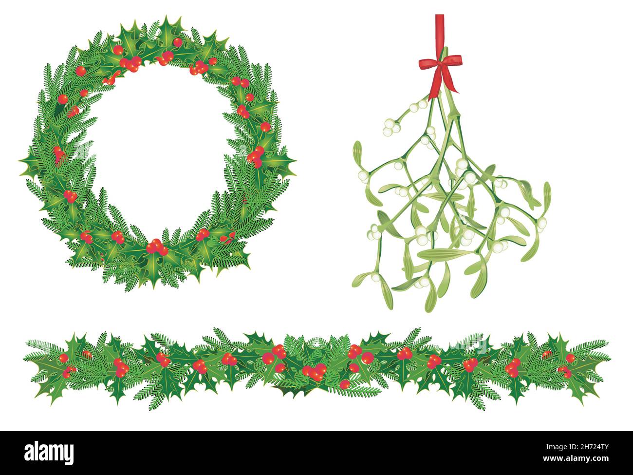 Tradizionale decorazione natalizia con vischio e ghirlande, illustrazione, isolato su sfondo bianco Illustrazione Vettoriale