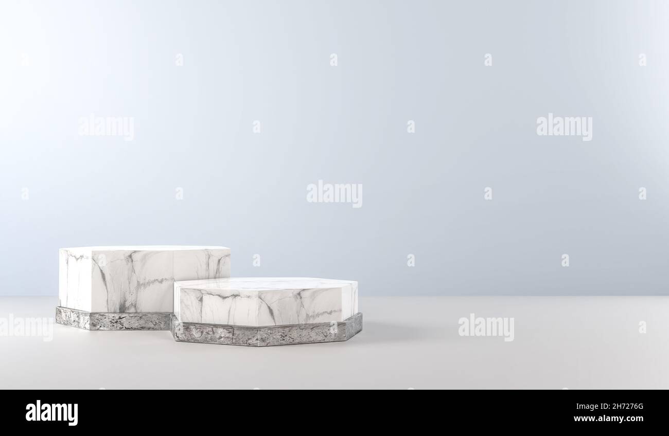 Podi di marmo con anelli in argento. Vetrina a piedistallo di lusso per i prodotti. Piattaforme in marmo bianco. Rendering 3D. Foto Stock