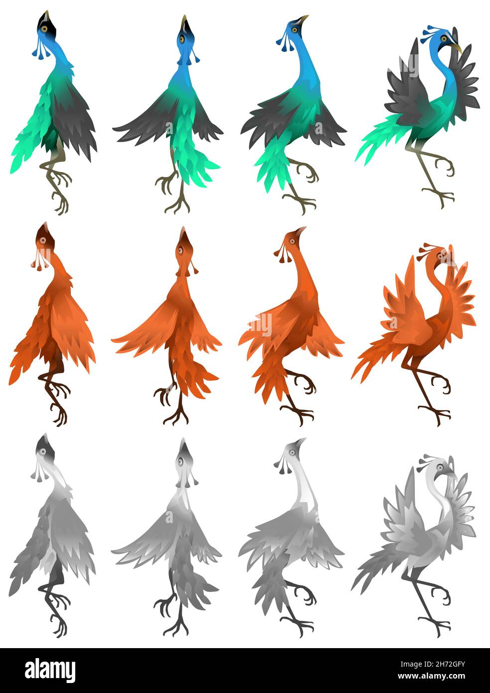 Peacock Dancing Poses, cartoon design elemento set varianti colore, isolato vettore, verticale Illustrazione Vettoriale