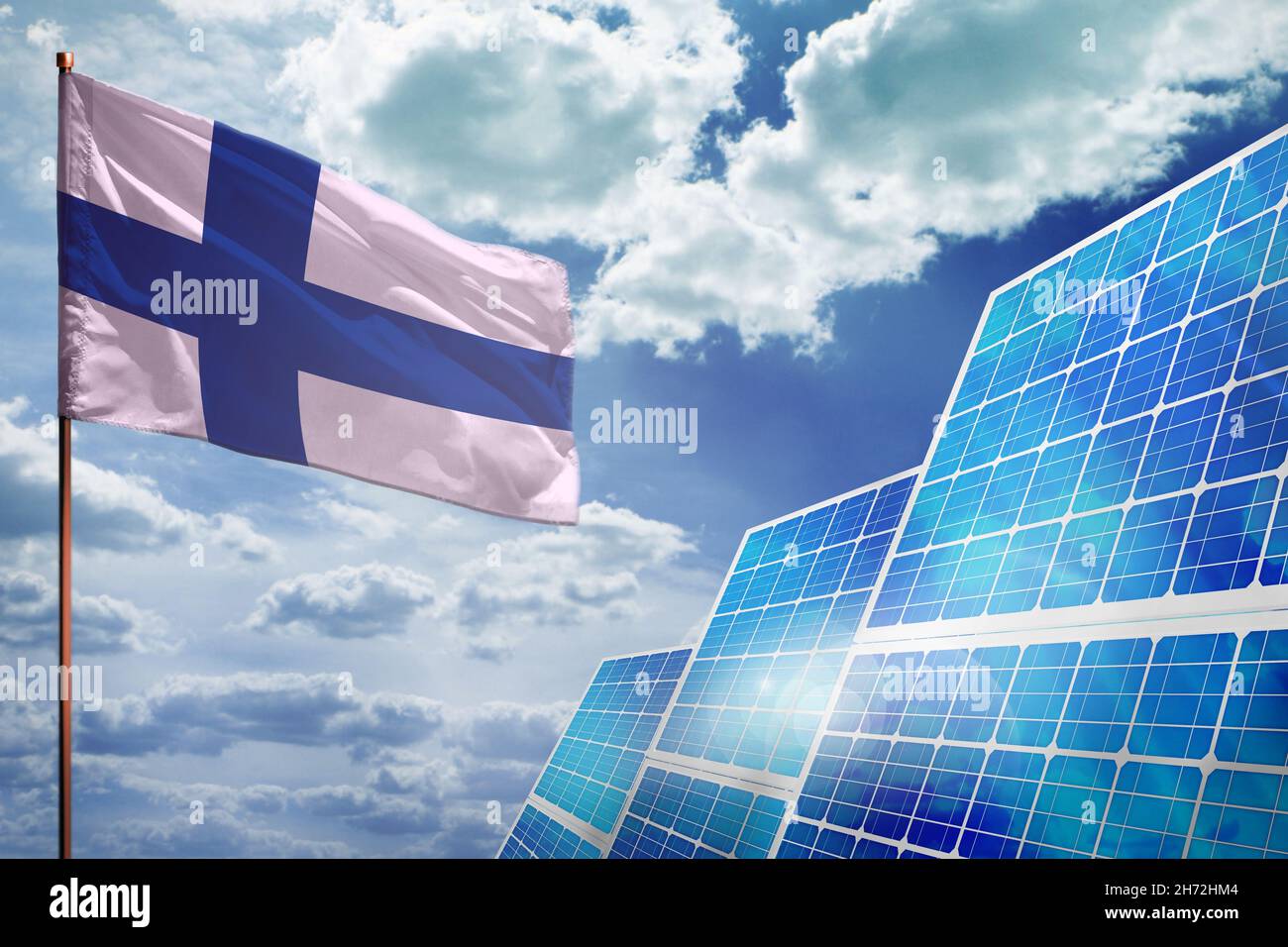 Finlandia energia solare, energia alternativa concetto industriale con bandiera - lotta al riscaldamento globale - illustrazione industriale, illustrazione 3D Foto Stock