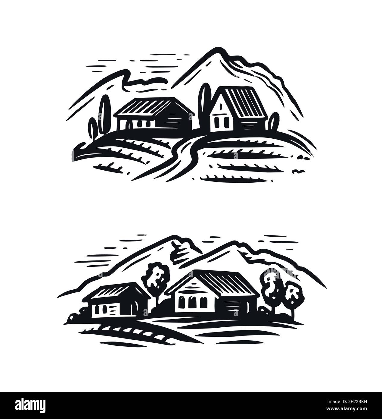 Paesaggio rurale fattoria, montagne. Illustrazione vettoriale disegnata a mano. Emblema dell'agricoltura e dell'agricoltura Illustrazione Vettoriale