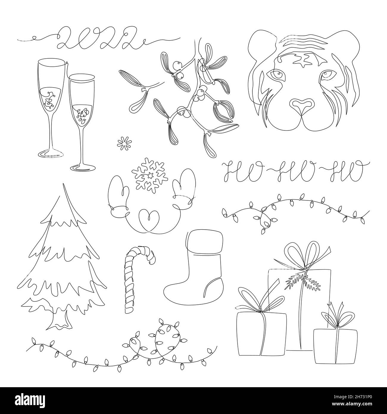 Collezione di elementi di design Xmas 2022 in stile di disegno a linea singola continuo. Set con albero di Natale, testa tigre, mistletoe, regali, luci, e. Illustrazione Vettoriale