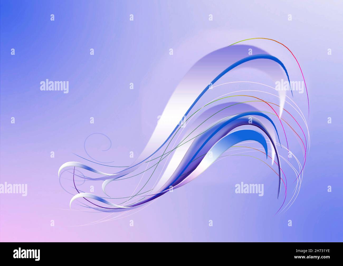 Astratto viola e blu che cadono le onde ricoperte di blu wipe curvo e arcobaleno su viola chiaro con sfondo blu Foto Stock