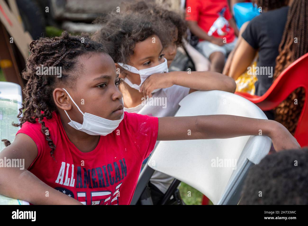 Detroit, Michigan - Bambini in un evento organizzato da Brilliant Detroit, un'organizzazione che crea programmi per i bambini nelle comunità a basso reddito Foto Stock