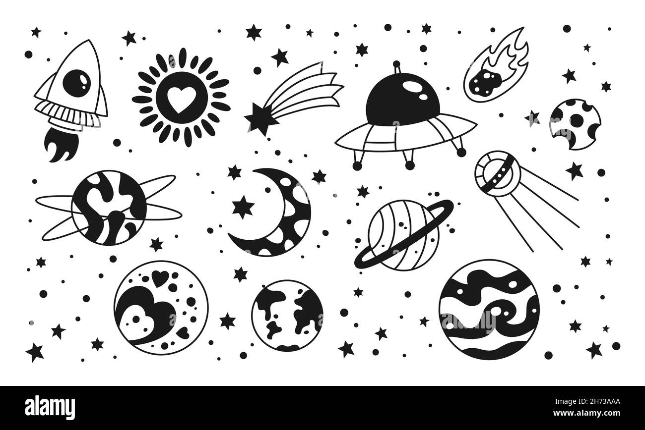 Spazio Doodle set di schizzo con pianeti, razzo, astronave, ufo, cometa e stelle. Astronomico a mano trainato Doodle notte cielo bambini veicolo spaziale. Astronomia retrò corpi celesti illustrazione vettoriale Illustrazione Vettoriale