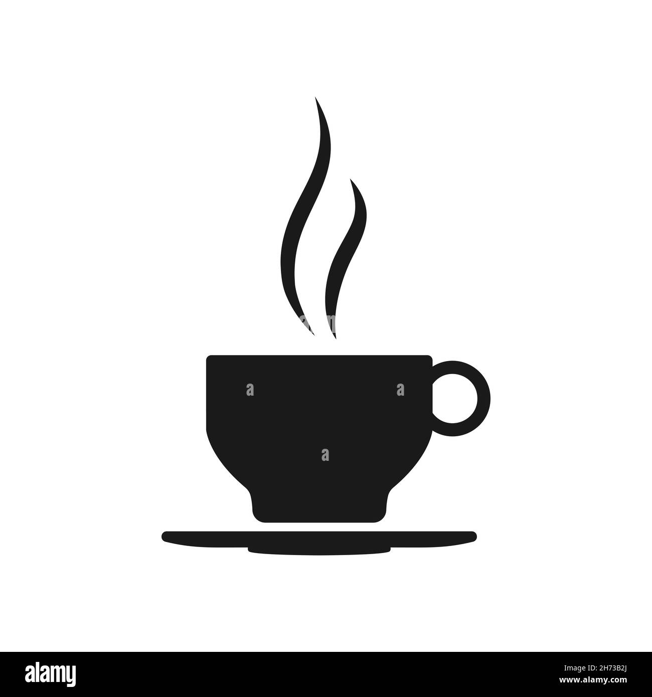 Tazza di caffè o tè caldo su un piatto, icona con silhouette nera. Elemento decorativo, dima tazza bevanda con vapore. Logo emblema per negozio, menu caffè. Coseup. Isolato su illustrazione vettoriale bianca Illustrazione Vettoriale