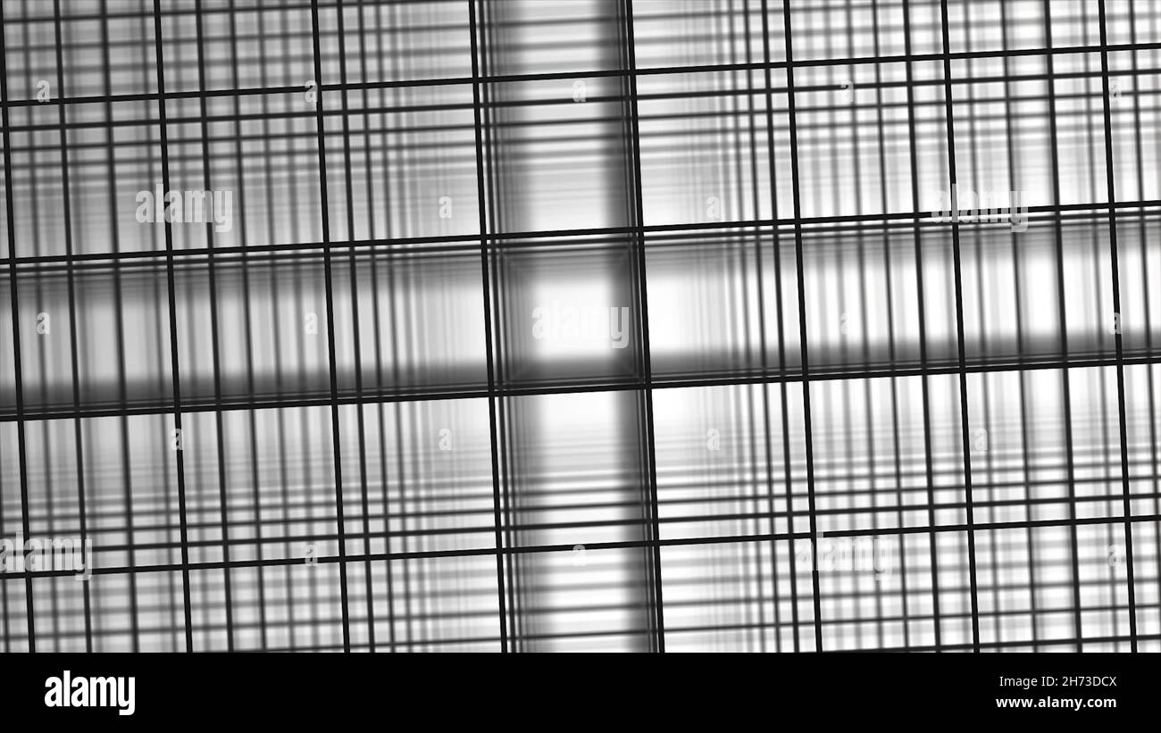Texture 3D. Sfondo bianco e nero in una gabbia per striscioni e layout. Sfondo volumetrico con effetto bokeh. Sfondo della lin grigia intersecante Foto Stock