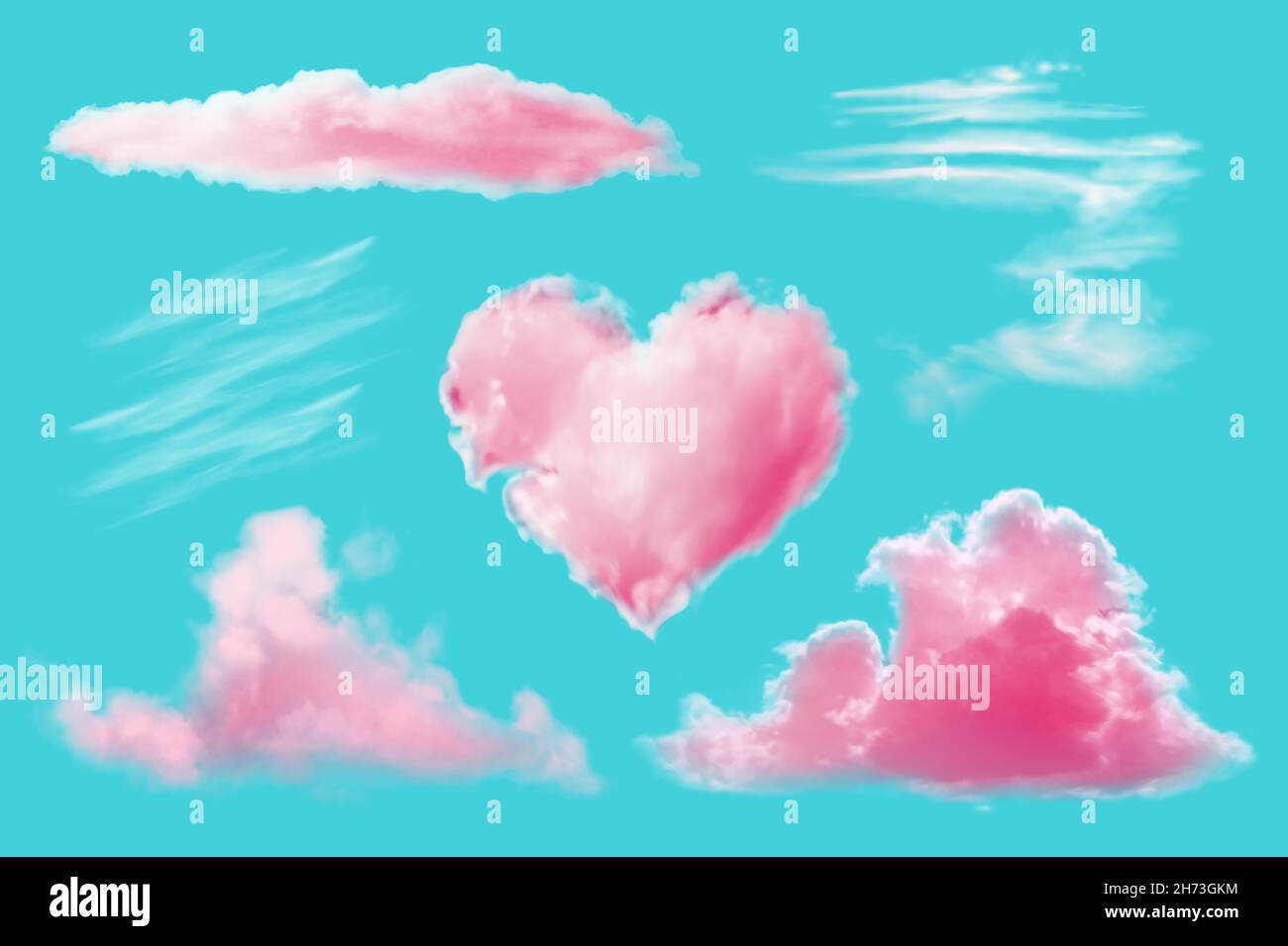 Realisticset di nuvole rosa su sfondo blu. Illustrazione Vettoriale