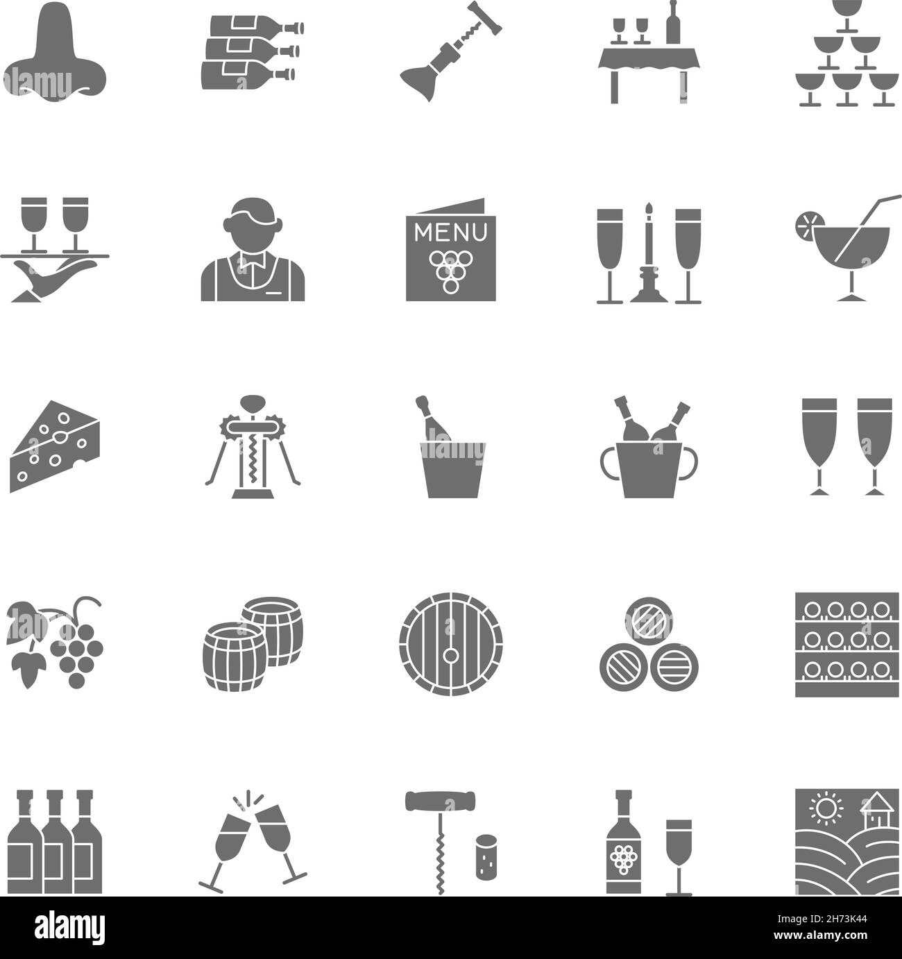 Set di icone grigio vino. Menu alcolici, cocktail, cavatappi, cameriere e molto altro. Illustrazione Vettoriale