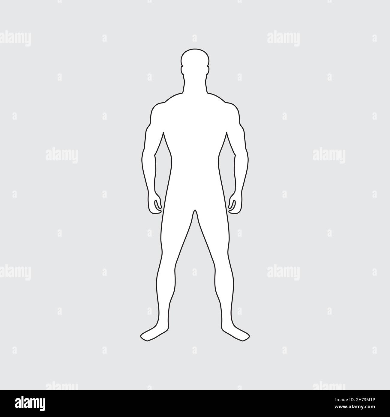 Silhouette maschio simmetrica. Figura bianca maschile con contorno nero. Uomo a tutta lunghezza. Corpo ripiegato proporzionalmente. Carattere con sviluppato muscoloso deli Illustrazione Vettoriale