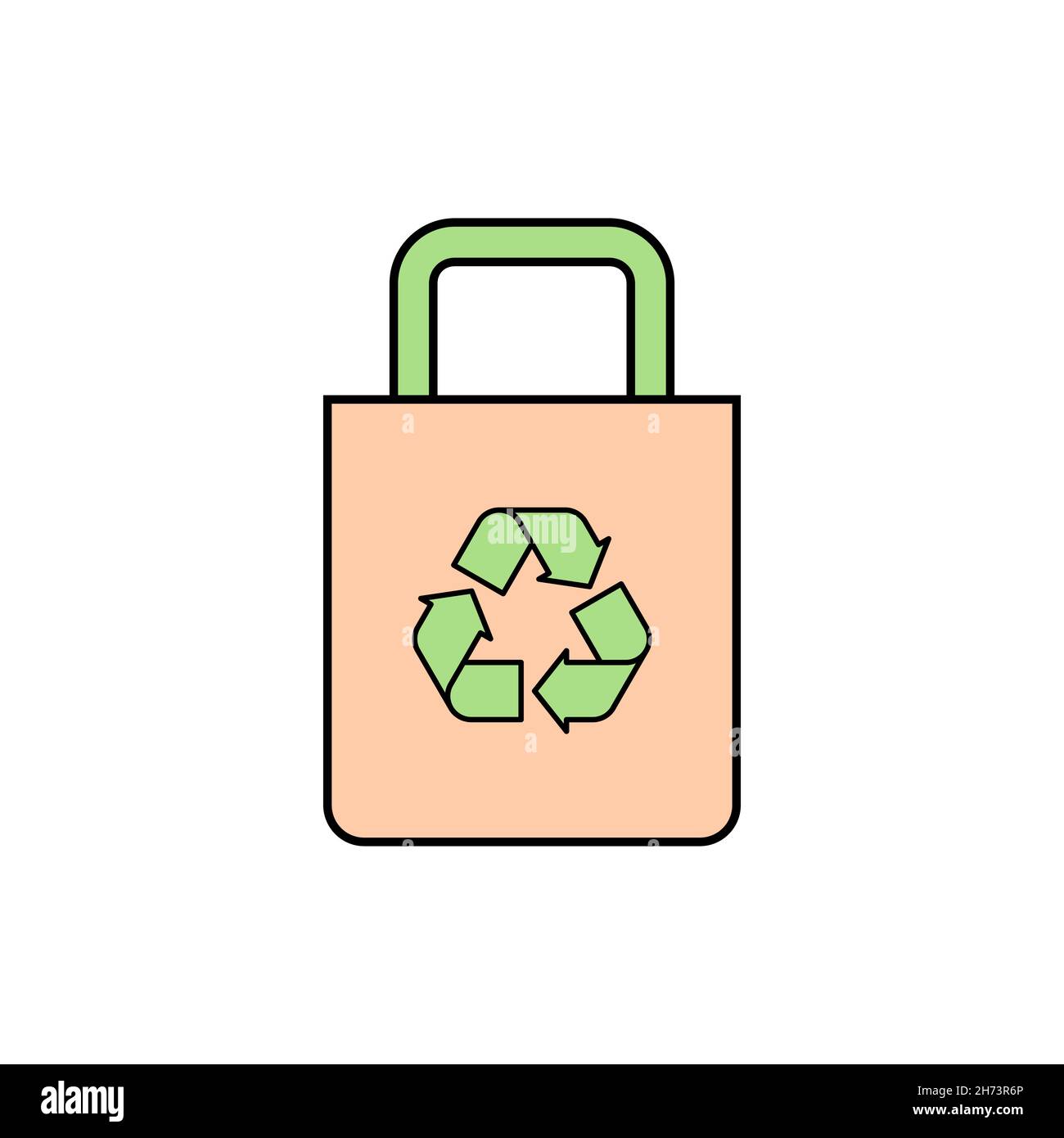 Sacchetto di cotone con simbolo verde di riciclaggio. Dire no al concetto di sacchetti di plastica. Borsa riutilizzabile. Borsa tote ecologica. Borsa ecologica in tessuto. Vettore, piatto. Illustrazione Vettoriale