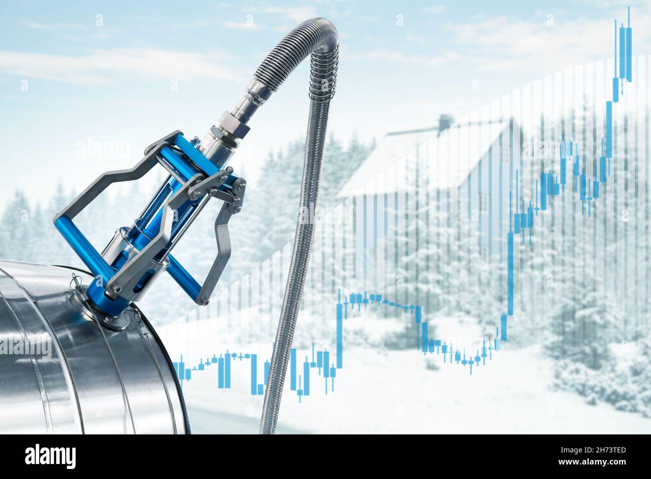 Ugello CNG con serbatoio del gas sullo sfondo della casa d'inverno e il simbolo del prezzo elevato. Crisi del gas in Europa Foto Stock