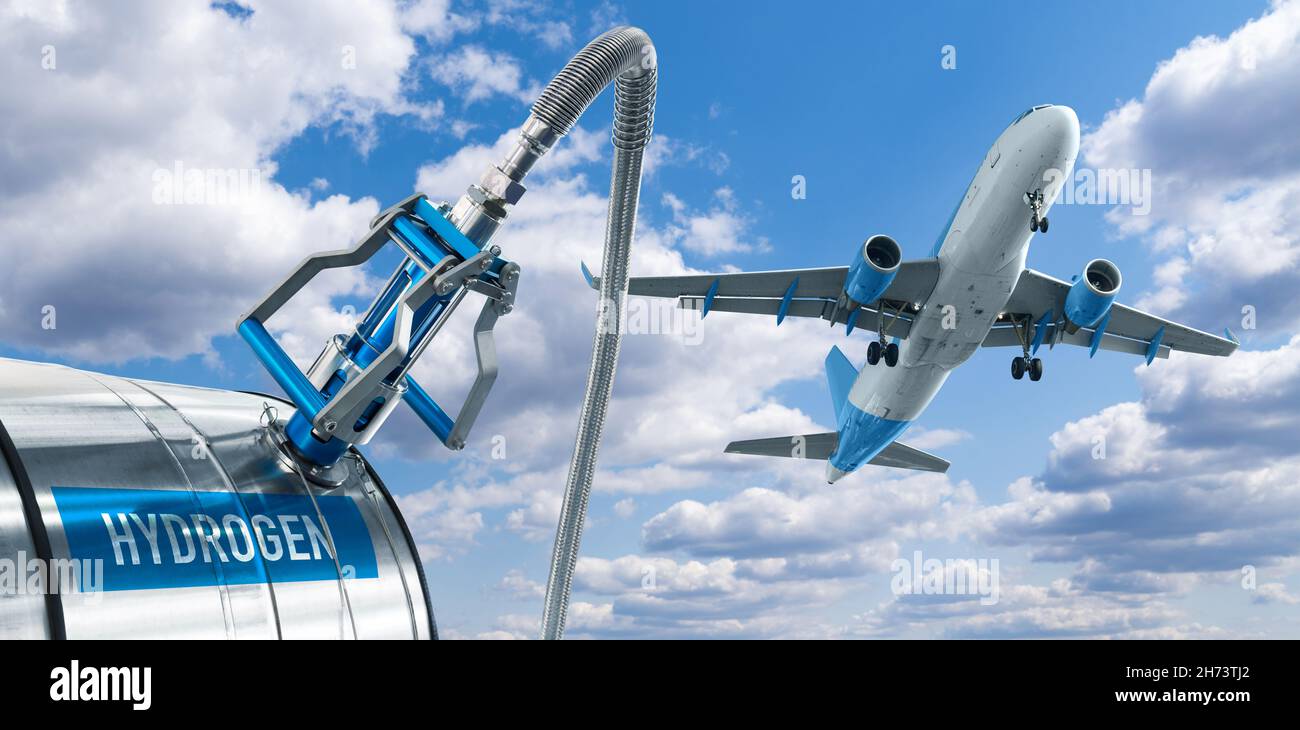 Ugello del carburante con l'iscrizione idrogeno su uno sfondo di aeroplano e cielo blu. Concetto di mobilità pulita Foto Stock