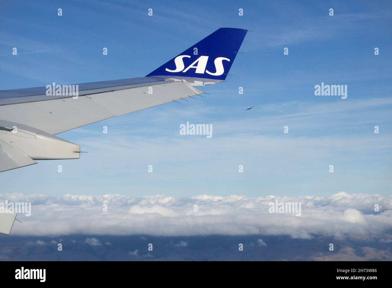 KOPENHAGEN, DANIMARCA - 24 NOV 2018: Vista dalla cabina dell'aeromobile all'ala poco dopo il decollo Foto Stock