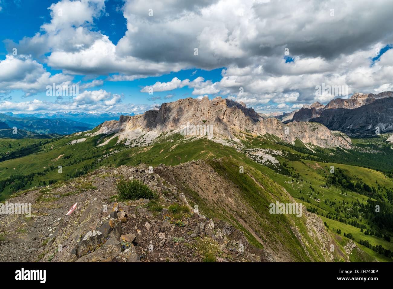 Il crinale di Setsass e le Alpi dello Zillertal sullo sfondo dalla cima del Monte SIEF nelle Dolomiti in Italia durante la bella giornata estiva Foto Stock