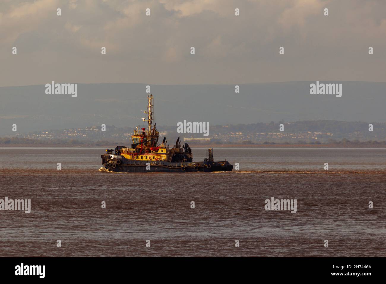 Il falco di Svitzer si dirige verso l'uscita di Maersk Brigit Foto Stock