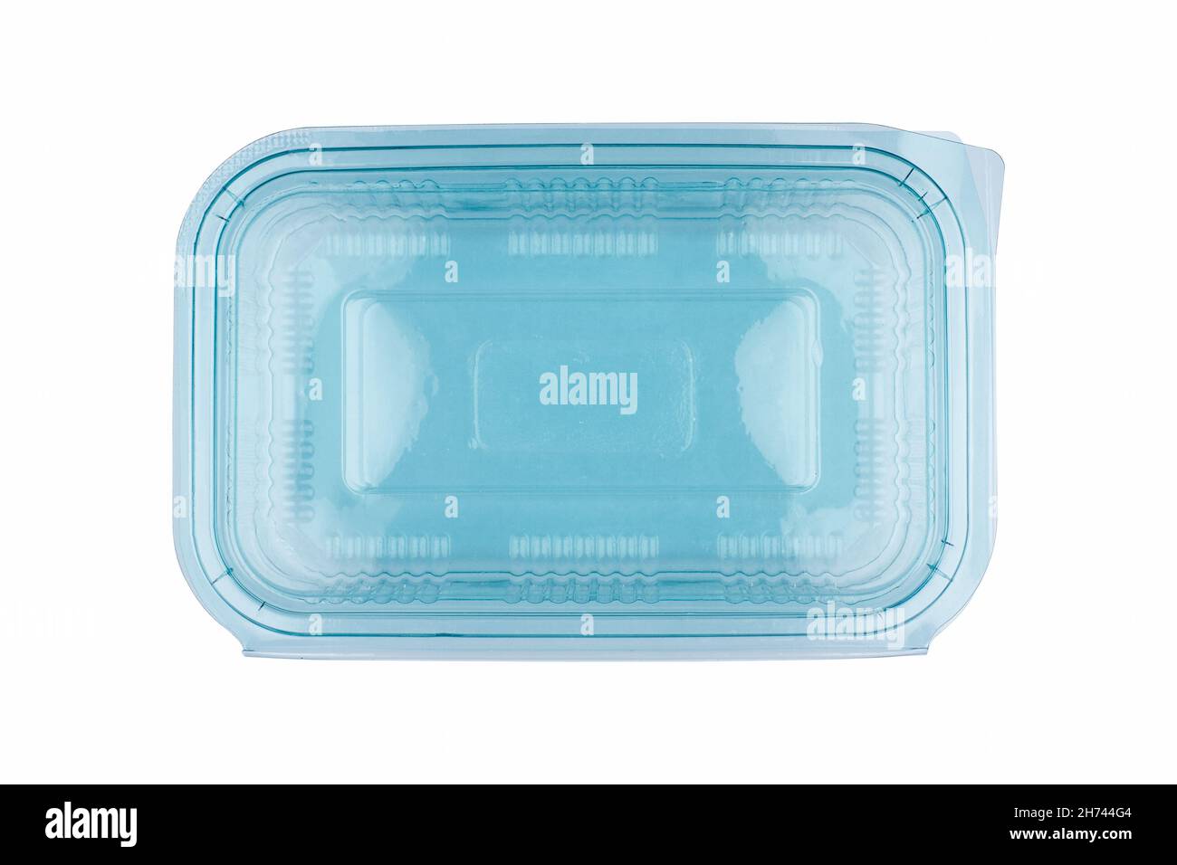 vista dall'alto del contenitore di imballaggio in plastica blu chiuso isolato su sfondo bianco Foto Stock