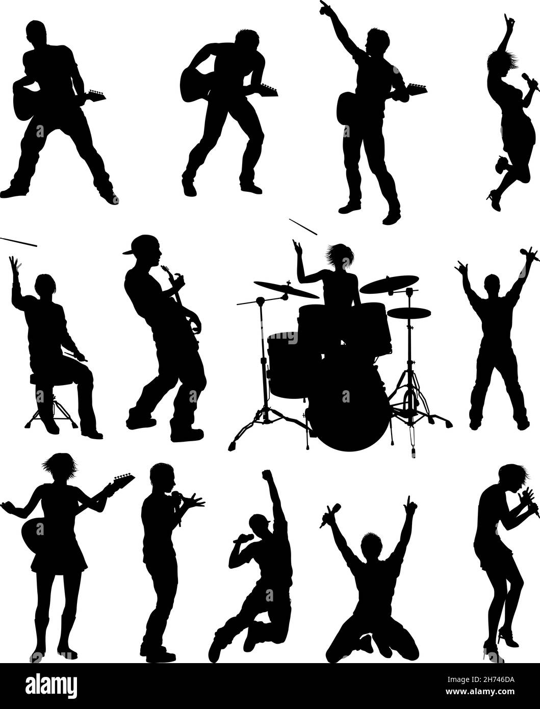 Pop o Rock Band musicisti Silhouettes Illustrazione Vettoriale