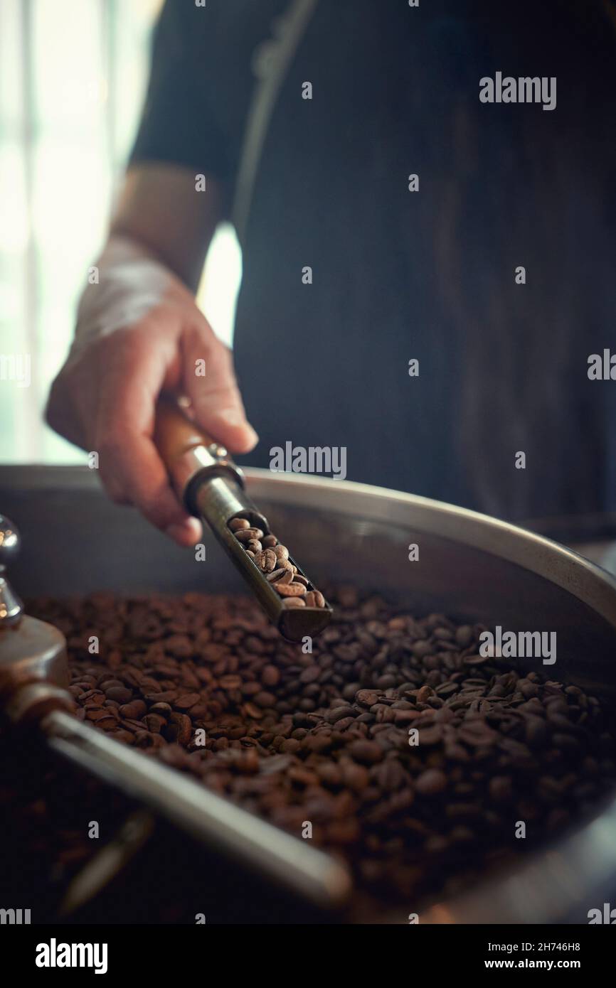 Un uomo lavora con un macinacaffè in un'atmosfera fragrante. Caffè, bevande, produzione Foto Stock