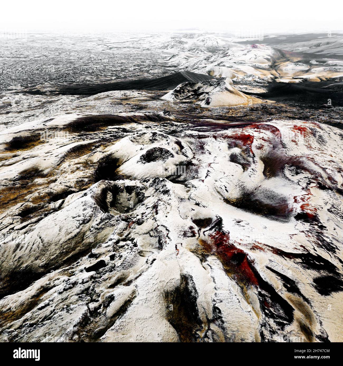 Scatto aereo della leggendaria fessura Lakagigar o Laki negli altopiani dell'Islanda. Foto Stock