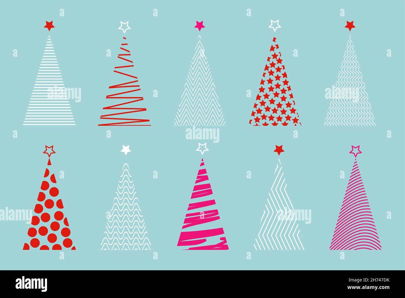 Set di variopinto vettore stilizzato albero di Natale, logo icona festive isolato su sfondo blu Illustrazione Vettoriale