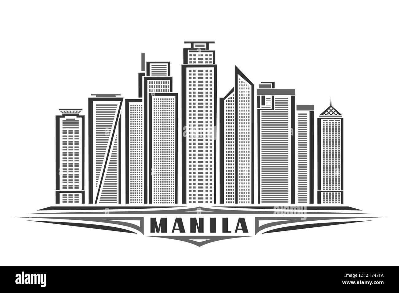 Illustrazione vettoriale di Manila, poster orizzontale monocromatico con disegno lineare famoso paesaggio cittadino di manila, concetto di arte urbana con decorazione unica Illustrazione Vettoriale