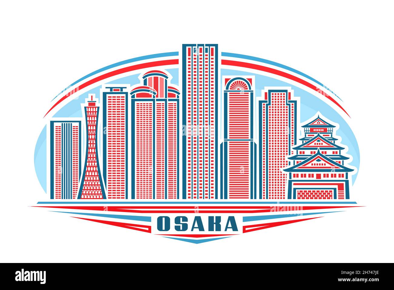 Illustrazione vettoriale di Osaka, logo orizzontale con design lineare famoso paesaggio cittadino di osaka su sfondo cielo diurno, concetto artistico urbano asiatico con deco Illustrazione Vettoriale