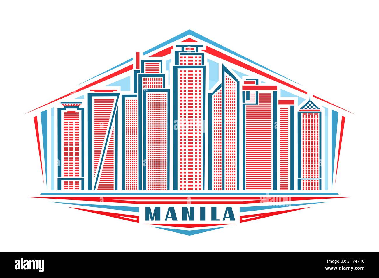 Illustrazione vettoriale di Manila, logo orizzontale con disegno lineare famoso paesaggio cittadino di manila su sfondo cielo di giorno, concetto di arte urbana asiatica con de Illustrazione Vettoriale