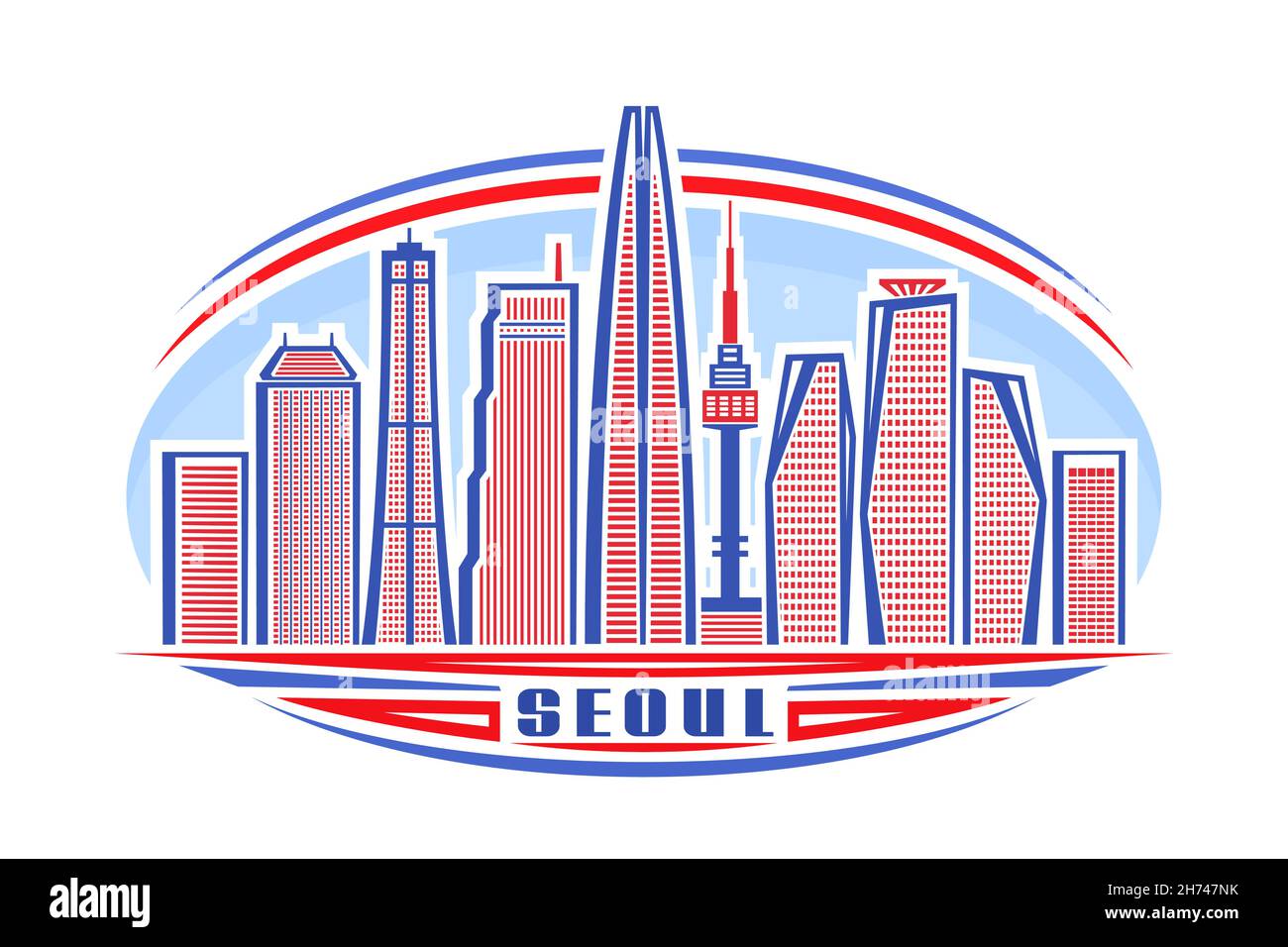 Illustrazione vettoriale di Seoul, logo orizzontale con disegno lineare famoso paesaggio cittadino di seoul su sfondo cielo di giorno, concetto artistico urbano asiatico con deco Illustrazione Vettoriale