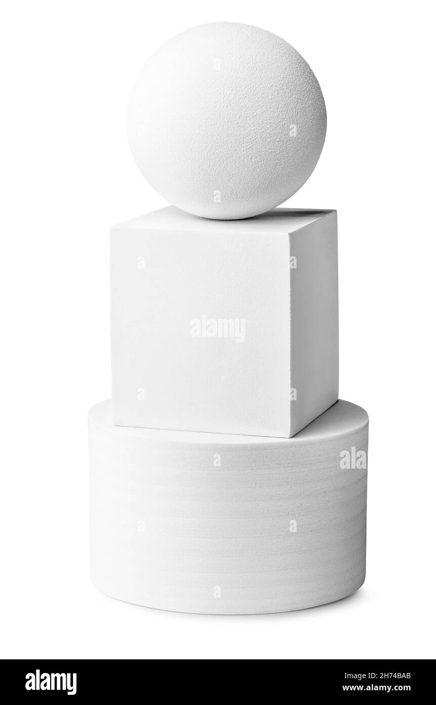 Cilindro bianco, sfera e quadrato isolato su sfondo bianco Foto Stock