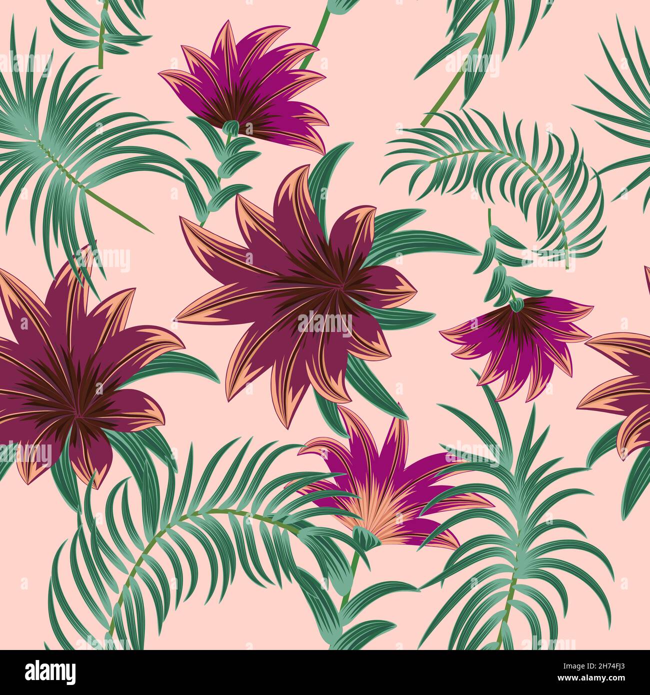 Disegno vettoriale senza giunture con foglie di palma e fiori tropicali, sfondo giungla, piante, disegno botanico per la moda, tessuto, carta da parati Illustrazione Vettoriale