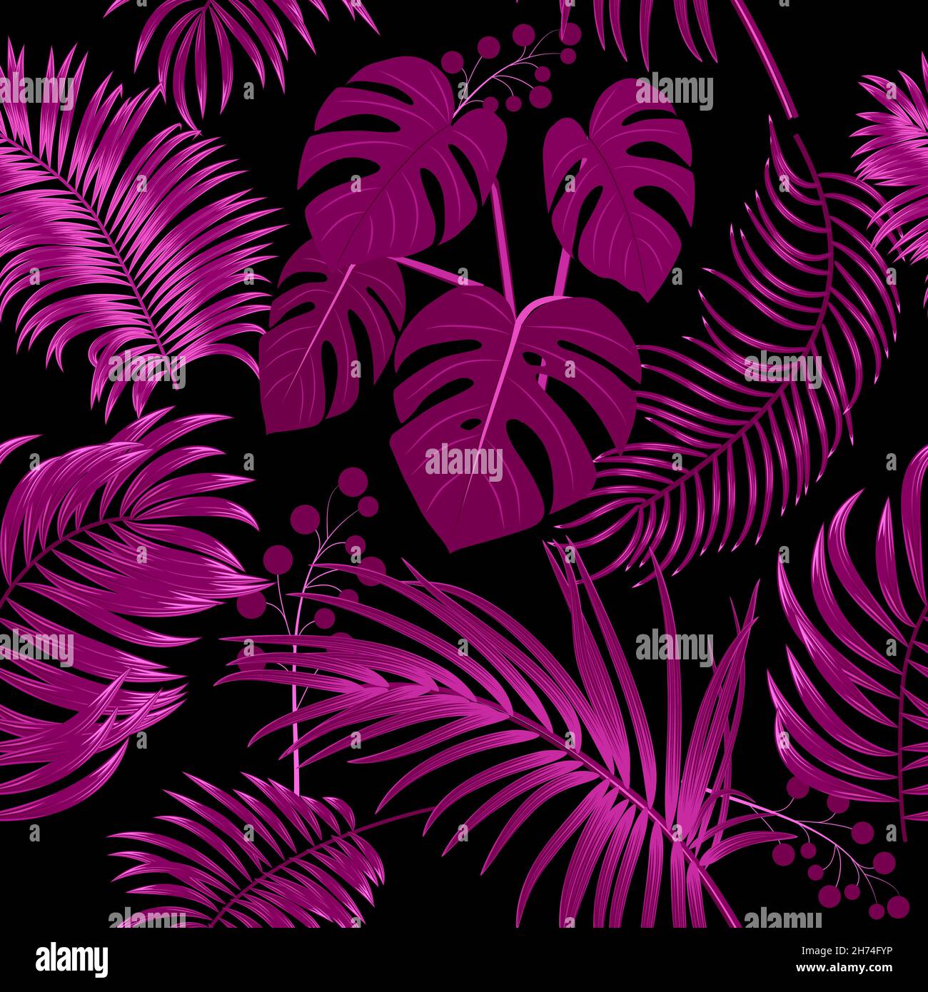 Velluto Violet senza cuciture motivo vettoriale di foglie tropicali di palme e fiori. Sfondo scuro botanica, carta da parati giungla. Illustrazione Vettoriale