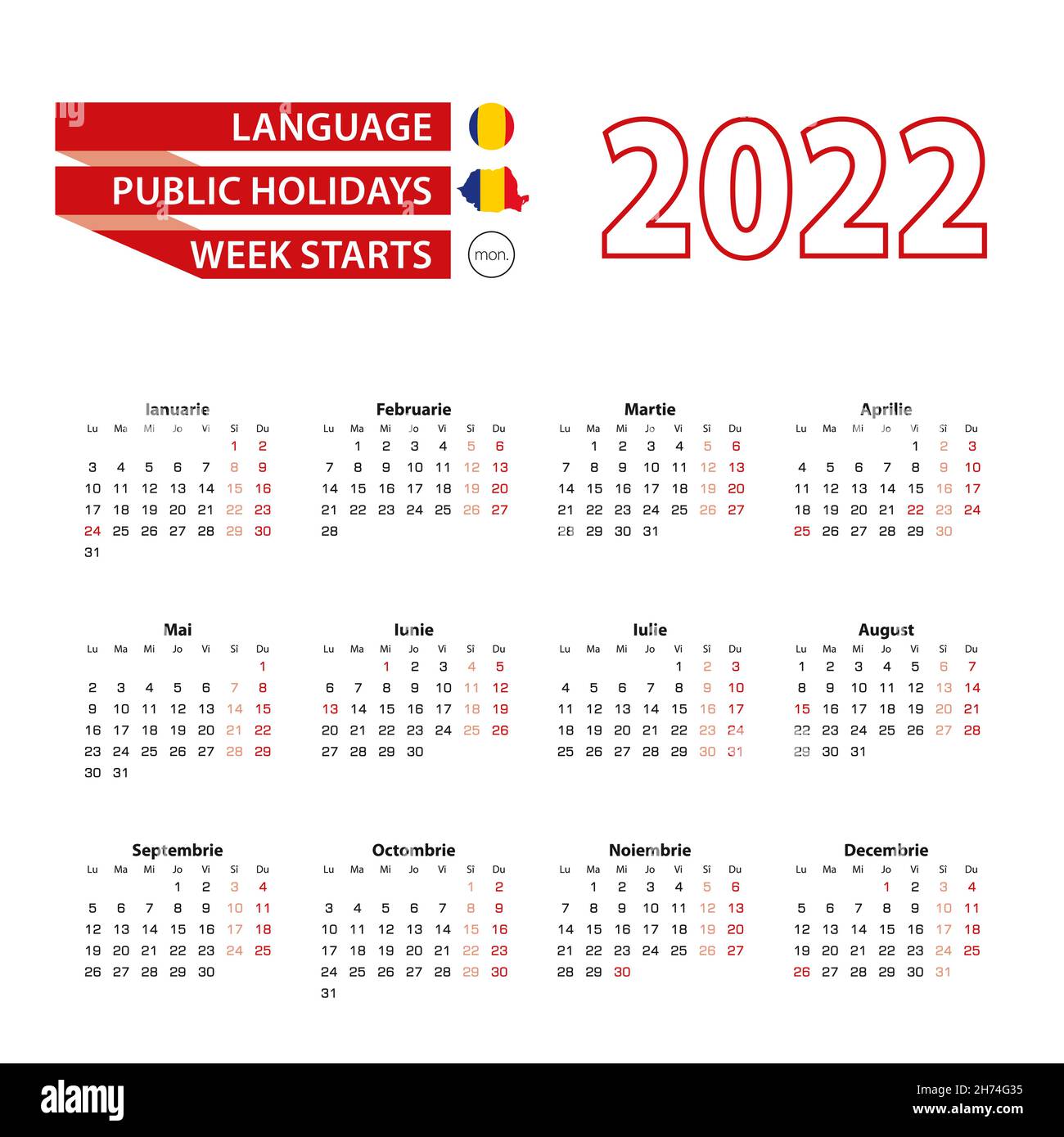 Calendario 2022 in lingua rumena con festività pubbliche il paese di  Romania nel 2022. La settimana inizia dal lunedì. Illustrazione vettoriale  Immagine e Vettoriale - Alamy