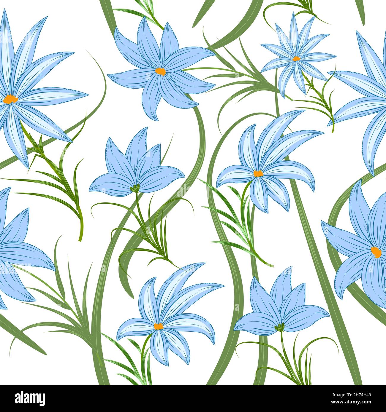 Disegno senza giunture con fiori blu e foglie di palma tropicali, sfondo vettoriale giungla, piante, disegno botanico per la moda, tessuto, carta da parati Illustrazione Vettoriale